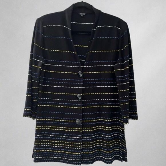 Misook Womens Cardigan L Longline Striped Black Sweater Multicolor Buttons - Picture 2 of 8